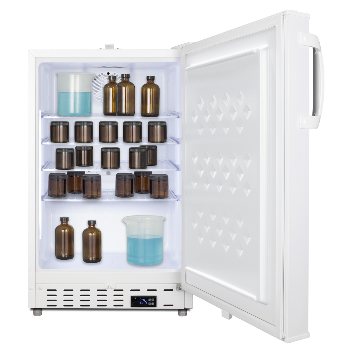 Built-in undercounter ADA compliant +2 C to +8 C all-refrigerator in white with lock, digital controls, wire shelving, hospital cord with 'green dot' plug, factory installed access port, and automatic defrost operation